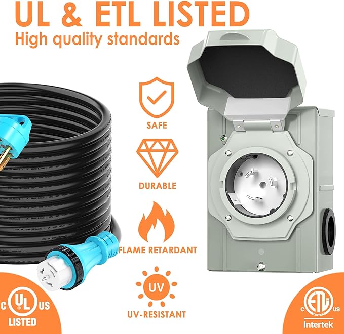 UL Listed 50 Amp 50 Feet Generator Cord and Power Inlet Box Combo Kit NEMA 14-50P Male to SS2-50R STW 6/3+8/1 AWG 125/250V Twist Locking with Inlet Box for Generator to House
