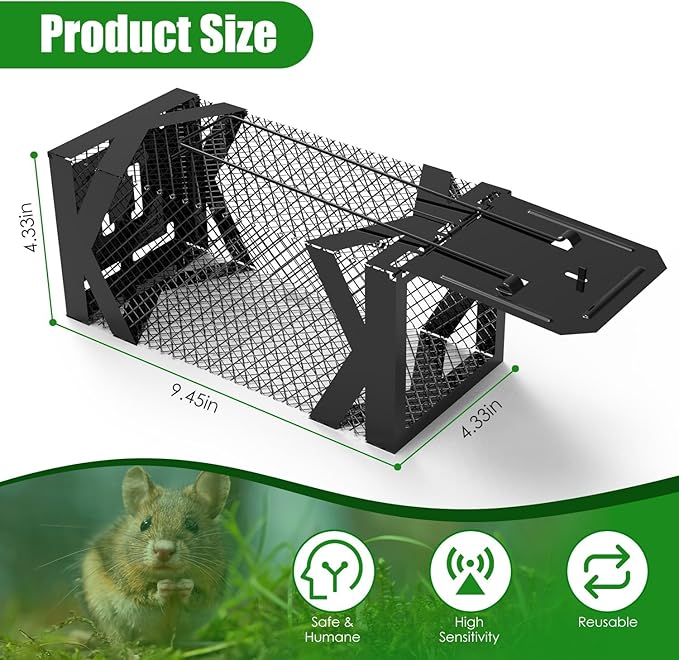 TeqHome 2 Pack Humane Rat Trap, Small Live Chipmunk Trap That Work for Indoor & Outdoor, Easy to Catch & Release, Live Animal Traps Mouse Cage Traps Reusable for Small Rodents Mice Voles Hamster,Black