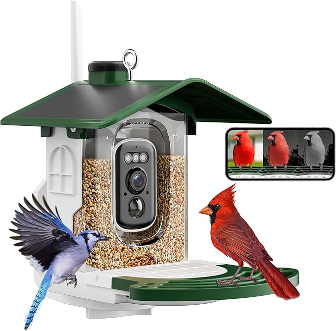 Smart Bird Feeder with Camera, AI Identify 10,000+ Species, Dual Solar Ports & Monocrystalline Roof, Modular Squirrel-Proof, 2K HD, 30-Day Free Cloud, Gifts for Parents