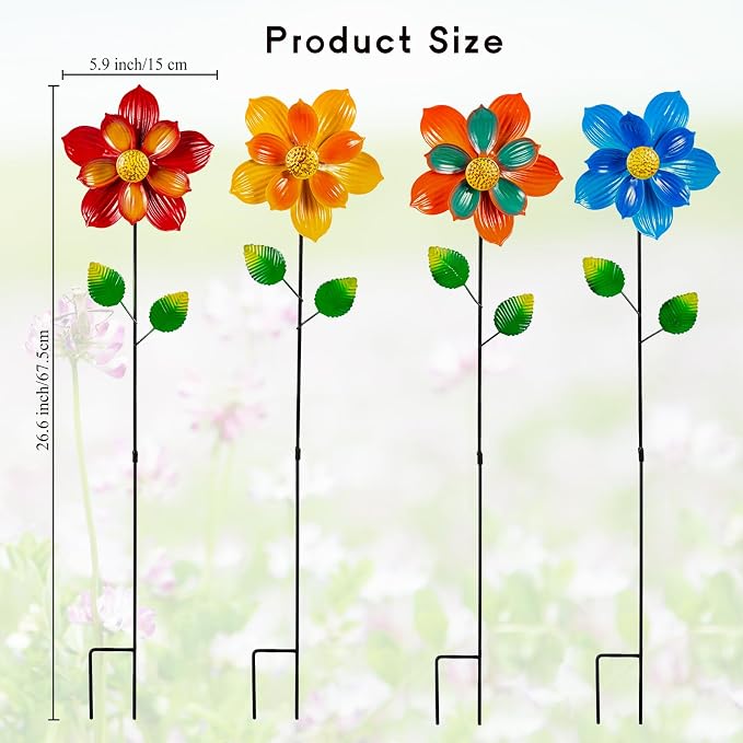 4 Pcs Wind Spinners Outdoor, Small Metal Flower Windmill, Colorful Pinwheels Decorative Floral Garden Stakes for Yard Patio Lawn Garden Decor, 27 x 6 Inches