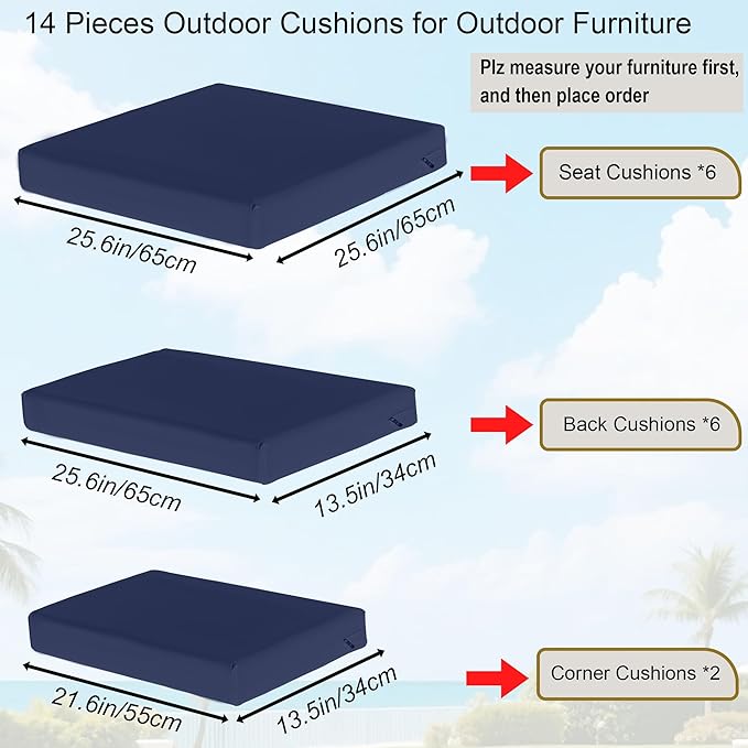 Outdoor Replacement Cushions for Patio Furniture, Splash-Resistant and Fade-Resistant 14 Pieces Outdoor Couch Cushion, 25.6x25.6x4 Inch Sofa Pad with Removable Fabric Cover