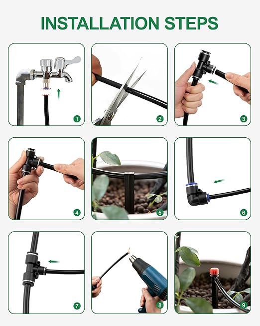 Drip Irrigation System for Garden, Automatic Garden Watering System with 180FT 1/2” & 1/3” Tubing, Dual Faucet, Adjustable Nozzle Emitters for Garden, Greenhouse, Lawn, Potted Plants