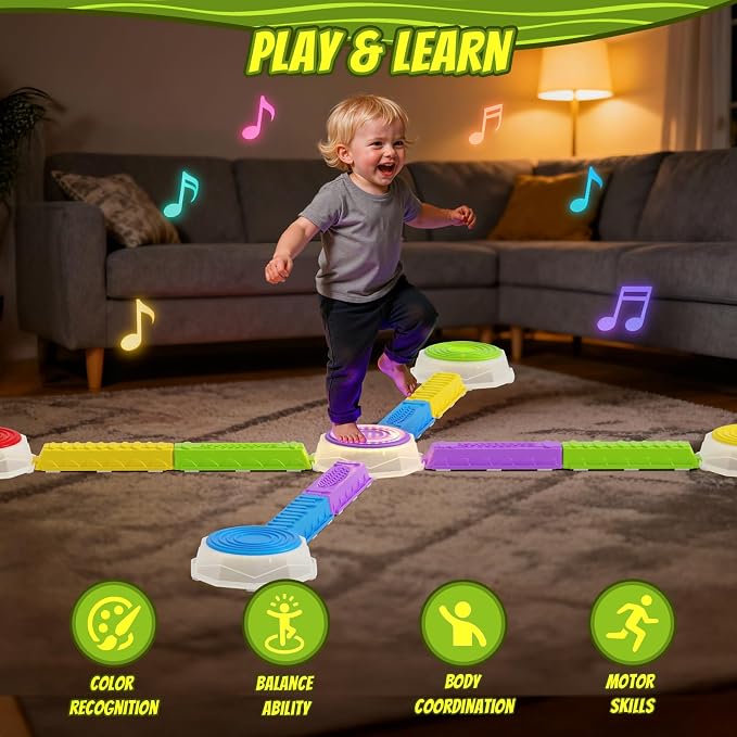 HYES Light Up Stepping Stones & Balance Beams for Kids 1-3, 13PCS Non-Slip Sensory Obstacle Course with Piano Music, Game Spinner & 30 Cards, Indoor Outdoor Toddler Toys Gifts for Boys Girls Ages 3-5