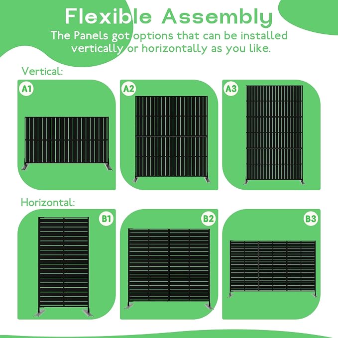 MTART Metal Privacy Screen 72" H x 47.2" Decorative Outdoor Privacy Screen Privacy Panel with Stand for Balcony Deck Patio Lawn Garden, Privacy Fence (Black-Vertical)