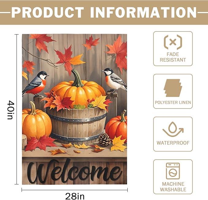 Fall Pumpkin Bird House Flag 28x40 Inch Welcome Autumn Watercolor Maple Leaf Harvest Theme Thanksgiving Decorative Yard Flags for Outside Double Sided Outdoor Home Farmhouse Decoration Porch Decor