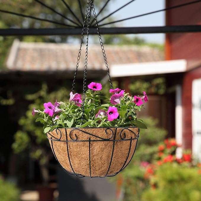 Ashman Metal Hanging Planter Basket with Coco Coir Liner Round Wire Plant Holder Chain Porch Decor Flower Pots Hanger Garden Decoration Indoor Outdoor Watering Hanging Baskets (4)
