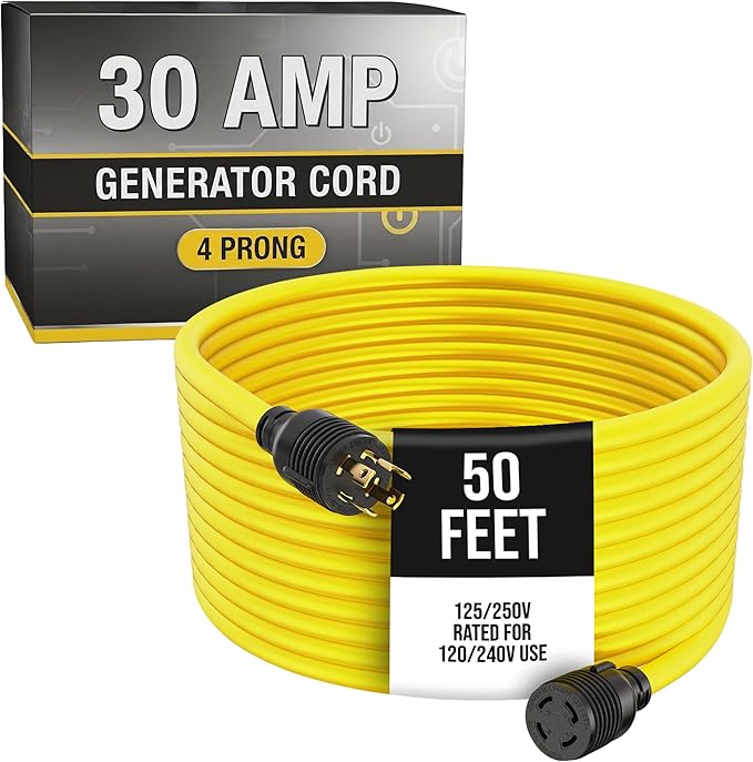 Houseables 30 Amp Generator Cord, Generator Cord, NEMA L14-30P to L14-30R, 30 Amp Extension Cable, 125/250V for 240V Use, 240 Volt, 30amp Power Wire, 4 Prong Plug, Dryer, UL CUL, 10 Gauge, 7500W, 50FT