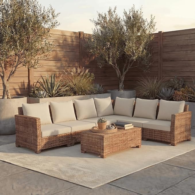 PatioGlow Outdoor Seat Cushion Set, 24" x 24" x 3.5", Set of 2, Water-Resistant & Fadeness Patio Furniture Cushions with Removable Cover & Ties, Thick Deep Seating Pads for Outside Sofa Couch, Khaki