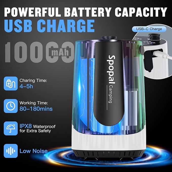 Spopal Portable Shower for Camping, [Upgraded] 10000mAh Rechargeable Camping Shower with 5 Adjustable Speeds,Premium LED Display, IPX8 Waterproof Outdoor Shower Kit for Hiking, Car, Pet, Travel
