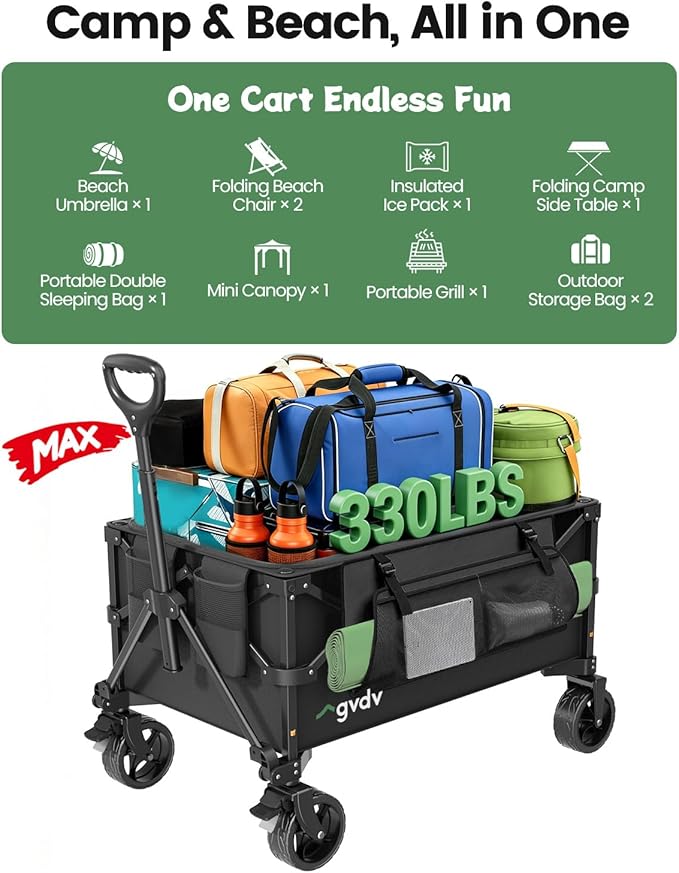 GVDV CW35 Plus Foldable Wagon Cart with Tailgate, 42-Inch Extended Handle Collapsible Utility Wagon, 330LBS Heavy-Duty Cart for Groceries, Camping, Beach, Garden, Sports