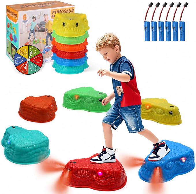FIIOEOY 6 Pcs Dinosaur Stepping Stones for Kids, Light up Mist Spray & Roaring Non-Slip Balance Stepping Stones with 6 Rechargeable Batteries, Indoor & Outdoor Toys for Toddlers Ages 3-5