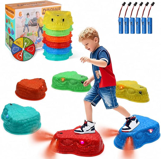 FIIOEOY 6 Pcs Dinosaur Stepping Stones for Kids, Light up Mist Spray & Roaring Non-Slip Balance Stepping Stones with 6 Rechargeable Batteries, Indoor & Outdoor Toys for Toddlers Ages 3-5