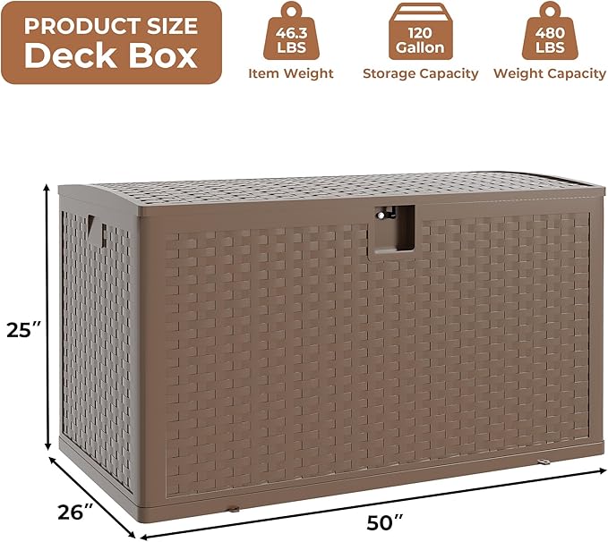 Gallon Patio Storage Box Waterproof Lockable, Outdoor Deck Boxs For Package Delivery, Resin Deck Box Container for Furniture Cushions, Garden Tools, Pool Accessories