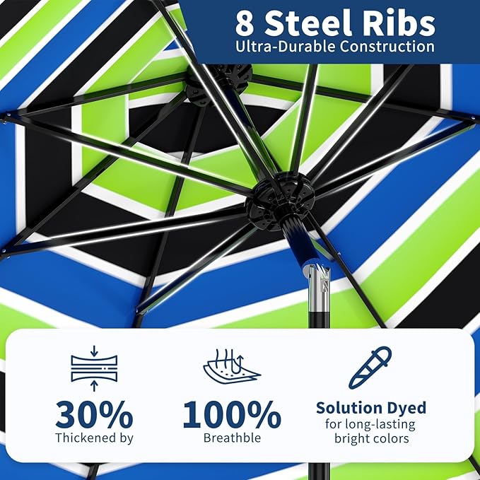 Garvee 9 ft Patio Umbrella - 8 Sturdy Ribs Outdoor Table Umbrella with Crank Lift & Push Button Tilt - Market Umbrella for Pool, Deck, Yard, Garden - Tricolor Stripe