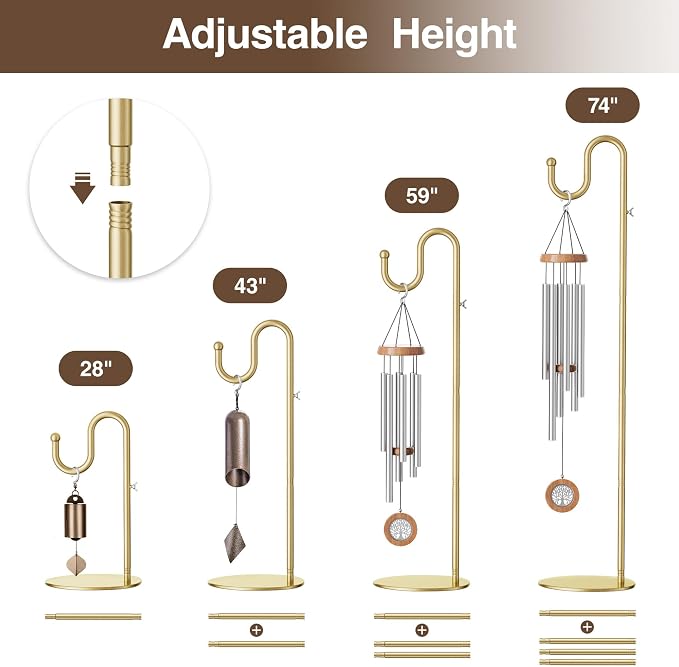 74" Shepherds Hook Stand, Adjustable Wind Chime Stand with Heavy Duty Base, Free Standing Plant Hanger Pole for Bird Feeders, Wreaths, Lanterns & Plants, Indoor Outdoor, Holds Up to 20 LBS, Gold