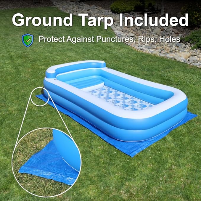 Inflatable Pool w/Bench Seat, 10ft x 6ft, Electric Pump & Ground Tarp Included - Fast Setup and Reinforced Seams