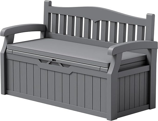 Devoko 80 Gallon Storage Bench with Cushion, Lockable Deck Box for Patio Furniture, Garden Decor and Outdoor Seating for Cushions, Garden Tools and Pool Supplies (Grey, 80 Gallon with Cushion)
