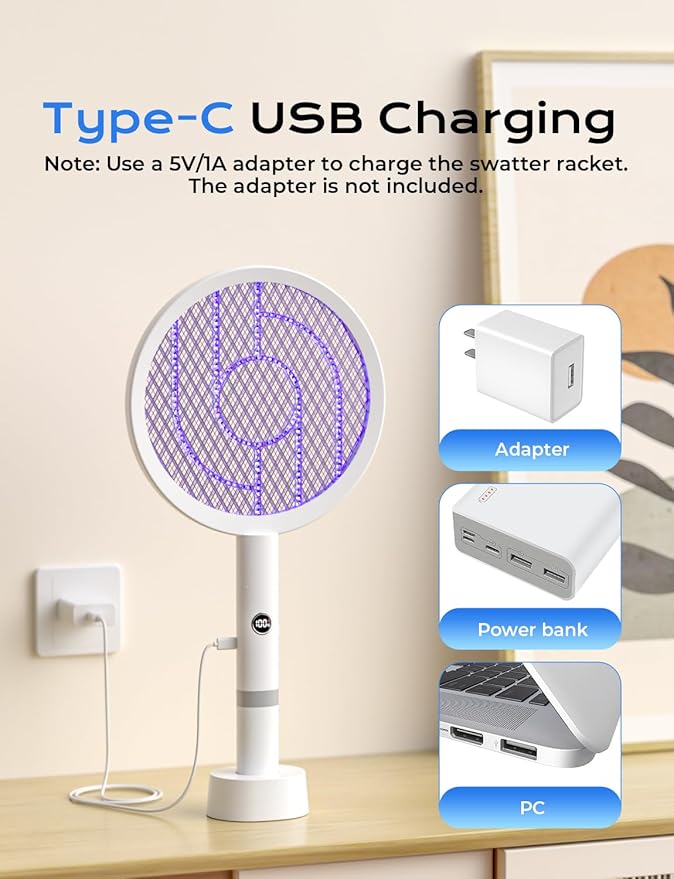 YISSVIC Electric Fly Swatter Bug Zapper Racket 4000V LED Screen Dual Modes Fly Zapper Rechargeable for Indoor Home Office Backyard Patio Camping (White)