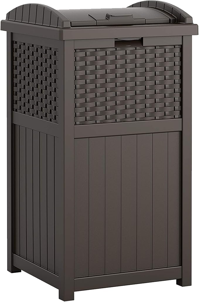 Christopher Knight Home Keaton Wicker Barrel Side Table, Multibrown & Suncast 33 Gallon Hideaway Can Resin Outdoor Trash with Lid Use in Backyard, Deck, or Patio, 33-Gallon, Brown