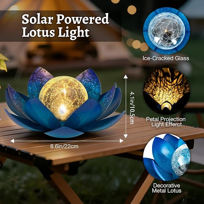 Huaxu Solar Lights Outdoor Garden Decoration Crackle Globe Glass Waterproof LED Metal Blue Lotus Flowers Gift for Mom,Women,Patio,Lawn,Walkway,Tabletop,Ground