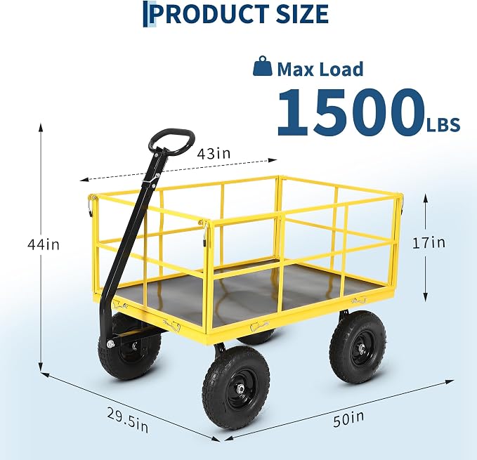 Garvee 1500 LB Garden Wagon Cart with 13 in All Terrain Tires, 3-in-1 Yard Wagon Cart with Removable Side Panels, Heavy Duty Outdoor Metal Utility Wagon Yard Trailer for Outdoor Lawn, Yard, Backyard