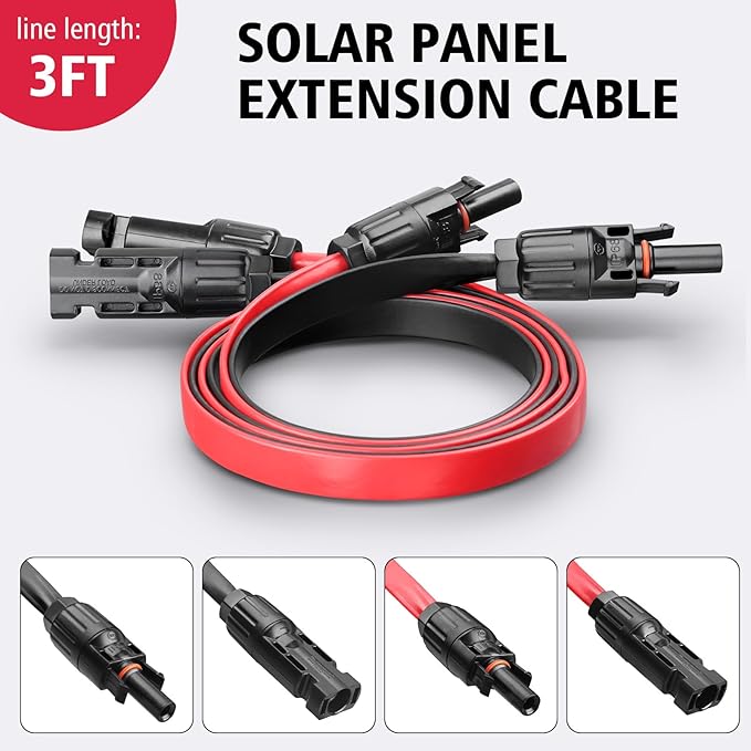 10AWG Super Flat Solar Cable Connector, 50A Photovoltaic Extension Cable Flat Feed Through Balcony Door and Window Solar Power Wire for Solar Panel RV Boats Household Energy System 3FT