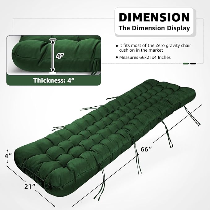 Patio Lounge Chair Cushion, Waterproof Zero Gravity Chair Cushions with Ties, 66x21x4 Inches Chaise Lounge Chair Cushion for Outdoor Indoor Furniture, Green (Only Cushion)