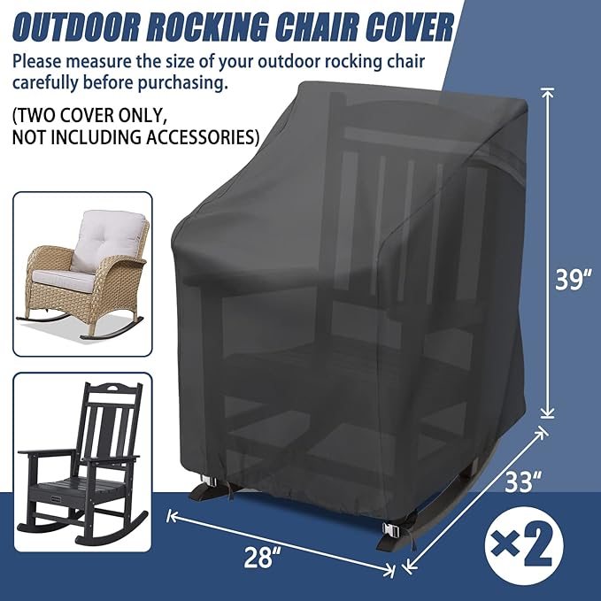 2 Pack Patio Rocking Chair Covers – 420D Waterproof Oxford, All Weather Outdoor Furniture Protector with Handles Air Vent, Black (27.5" L x 32.5" D x 39" H)