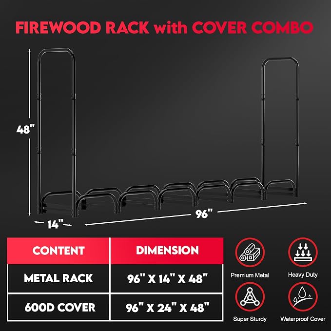 Zettum 8ft Firewood Log Rack - Outdoor Wood Stand Holder, Heavy Duty Metal Fire Wood Pile Organizer with Cover for Fireplace Storage (96 x 14 x 48 Inch)