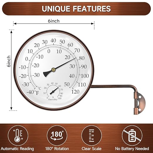 6 Inch Analog Outdoor Thermometer Hygrometer, Solid Copper Weatherproof Large Dial with Swivel Mount, No Battery Mechanical Gauge for Patio Garden Greenhouse Garage Wall