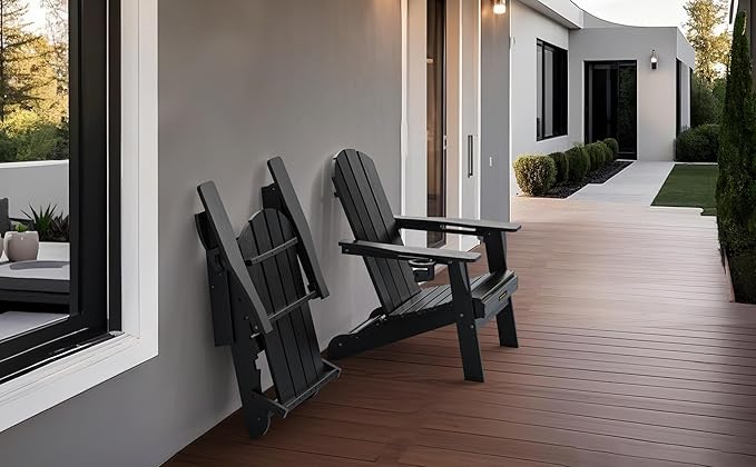 Folding Adirondack Chair, Wooden Textured Plastic Adirondack Chairs with 2 Cup Holder, Weather Resistant HDPE Fire Pit Chair, Outdoor Patio Chairs for Garden, Backyard, Lawn, Deck, 380LBS, Black