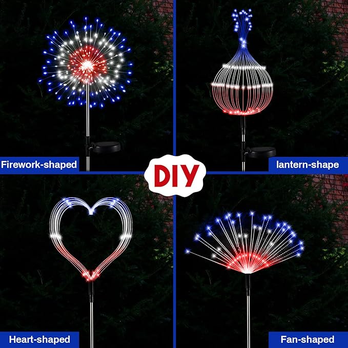 Tujoe 3 Pcs 4th of July Solar Firework Lights Patriotic Solar Light Outdoor Garden 120 LED 8 Modes Waterproof LED Sparkler Light for 250th Anniversary Patio Yard Pathway Walkway (Colorful)