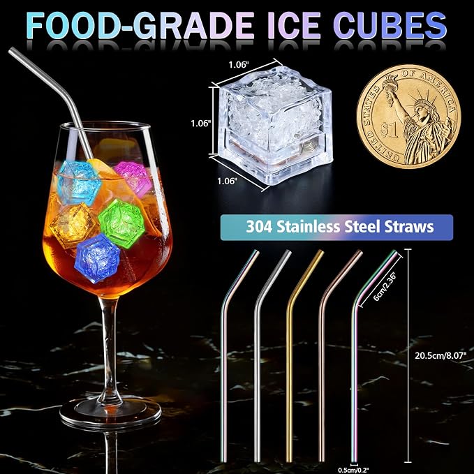 80 Pack Light Up Ice Cubes for Drinks, Liquid Activated LED Ice Cubes with 5 Straws, Reusable, Food-Grade Multi-Color Glowing Ice Cubes for Bars, Clubs, Wedding, Bath Decorations