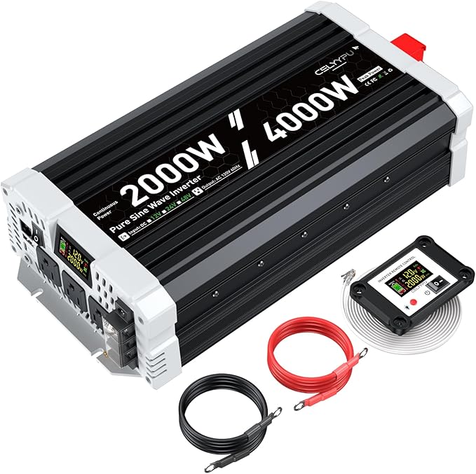 2000 watt Pure sine Wave Inverter, 12V DC to 110V AC Power Inverter, with 3 AC Output sockets, USB Port, Type-C Port, Remote Control with LCD Screen, Used for Solar Emergency Power Supply in RV Homes
