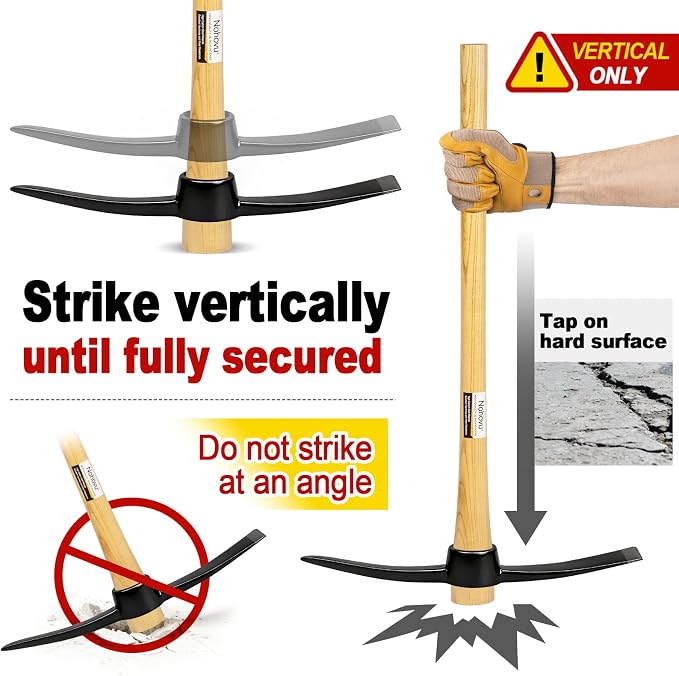 Nohovu Pickaxe with Wood Handle, Heavy Duty Forged Steel Pick Axe for Digging, 36 Inches (406I)