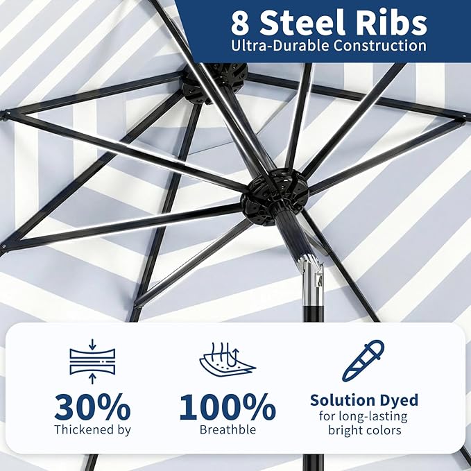 Garvee 9FT Outdoor Patio Umbrella 8 Sturdy Ribs Outdoor Table Umbrella with Crank Lift & Push Button Tilt - UV Protection Waterproof Market Umbrellas for Pool Deck Yard Garden, Blue & White Stripes