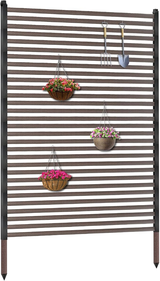 Twira Outdoor Privacy Screen 47" x 71", Extra Large Fence Screen for Outside, Trash Can Metal Privacy Panels, 4FT x 6FT Decorative Pipes and Slats Divider Fence Privacy for Backyard Patio Garden Brown