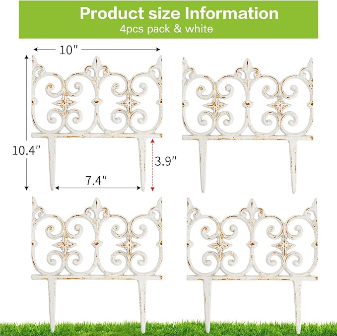 Sungmor Decorative Cast Iron Garden Edging, 4 Pack Rustic White Victorian Garden Edging Landscape Border, Vintage Metal Yard Stake Low Picket Fence, 10.6" Tall Outdoor Flower Bed Lawn Fence Panels