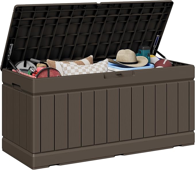 JUMMICO 78 Gallon Outdoor Deck Box Large Resin Storage Box for Patio Furniture Cushions and Garden Tools (Brown)