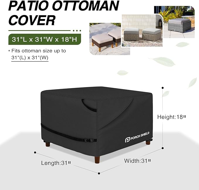 Porch Shield Patio Ottoman Cover - Waterproof Outdoor Square Side Table Covers – 31L x 31W x 18H inch, Black