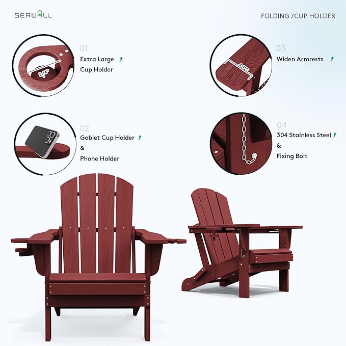 SERWALL Adirondack Chair with Cup Holders - Composite Adirondack Chairs Set of 6 HDPE Outdoor Chairs All Weather Use- Dark Red
