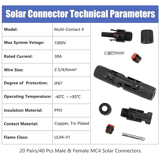 50PCS Solar Connectors, 25 Pairs with 2 Pack Wrenches - IP67 Waterproof, 1000V 30A Male/Female, Multi-Contact, 4 Connectors for 2.5/4/6mm Solar Panels