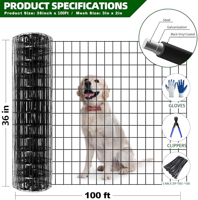 GILPWA Welded Wire Fence, 100ft(L) x 36inch(H) PVC Coated Wire Fencing for Dog, 2 Inch x 3 Inch 16GA Fencing for Chicken, Anti-Rust Roll Metal Wire Mesh Fence for Yard Vegetable, Black