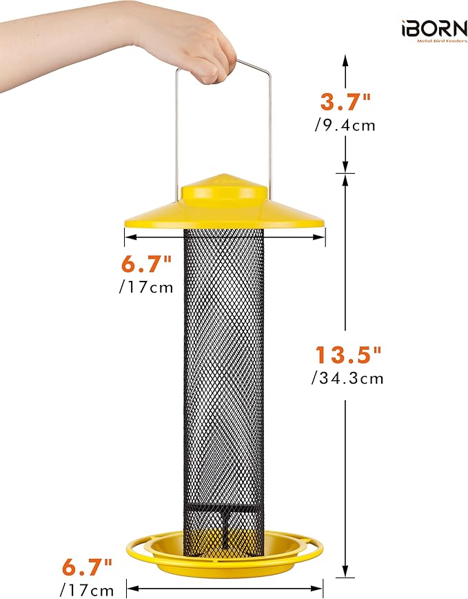 iBorn Finch Feeders for Outside,Thistle Bird Feeders for Outdoors Hanging,Nyjer Seed Feeder,Metal Mesh Tube Bird Feeder 13.5 Inch with 17cm Weatherproof Large Roof and Tray,2 LB Capacity,Yellow