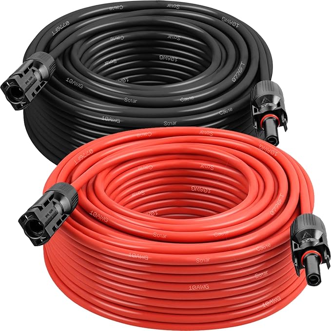 MOOKEERF Solar Panel Extension Cable - 10AWG 100FT PV Wire with Waterproof Female & Male Connectors for RV, Home, Boat, Car (Red + Black)