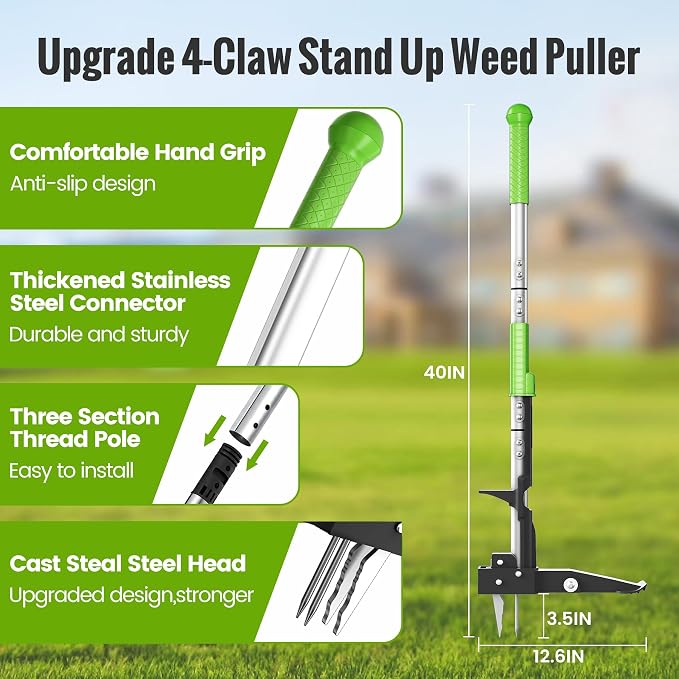 Weed Puller Tool - Dandelion Weed Puller Tool Stand Up Heavy Duty,Made with 40''Long Handle & Quick-Release Weed Ejector Mechanism & 4 Robustness Manganese Steel Claws,Hard to Break
