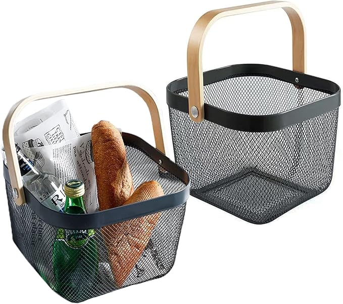 2 Pack Metal Picnic Baskets,Garden Basket,Metal Mesh Garden Harvest Basket with Foldable Wooden Handle,Storage Organizer Basket Hanging Kitchen Baskets Fruit Basket
