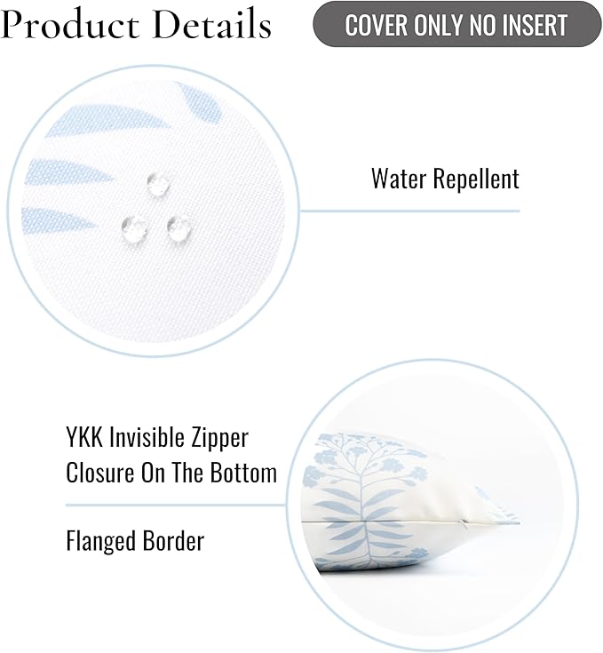 Hofdeco Premium Coastal Patio Indoor Outdoor Throw Pillow Cover Only, 20"x20" Water Repellent for Backyard, Couch, Baby Blue Print Floral (Pack of 2)