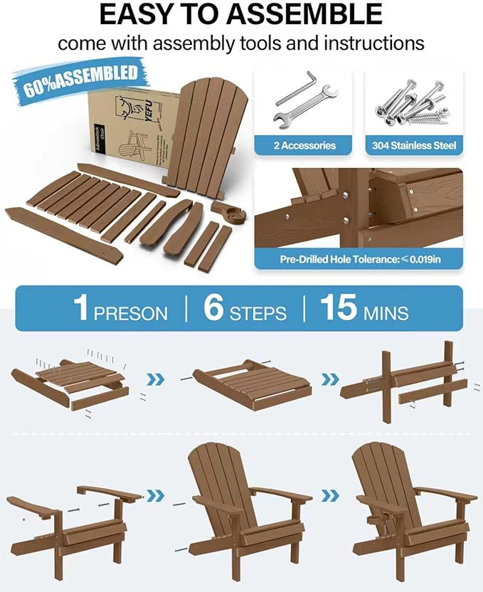 YEFU Adirondack Chairs Set of 4: Outdoor Chair HIPS Plastic Adirondack Chairs - Patio Chairs with Cup Holder & Wood Texture - Lawn Fire Pit Deck Porch Garden Chairs for Adults (Teak)