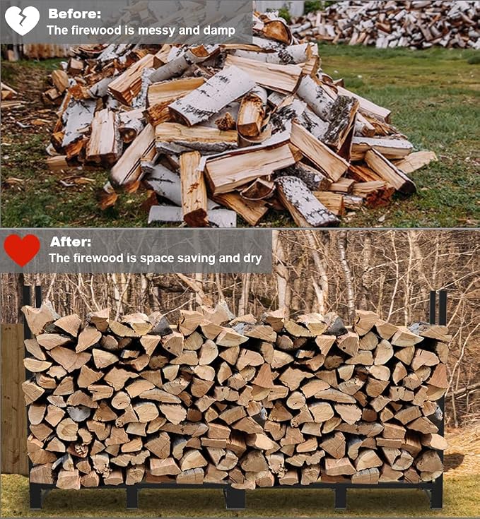 8ft Firewood Rack Outdoor Adjustable Heavy Duty Wood Rack Fire Wood Holder for Indoor Storage Fireplace Metal Lumber Organizer Stand Stacker, Black